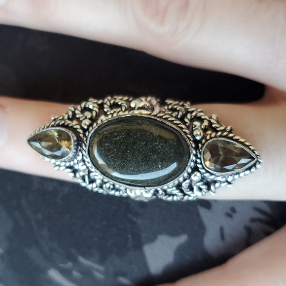 New Silver Sheen Obsidian & Smoky Topaz 925 Silver Statement Ring. - Picture 6 of 13